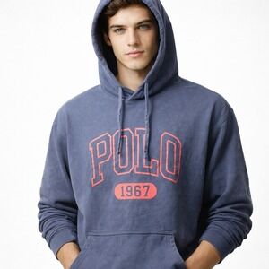 POLO Ralph Lauren Cotton Hoodie Sz XXL Blue Red Logo Spellout Preppy 90s Y2K EUC